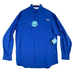 Columbia PFG Tamiami II Long Sleeve Fishing Shirt Blue Mens Large Tall UPF 40